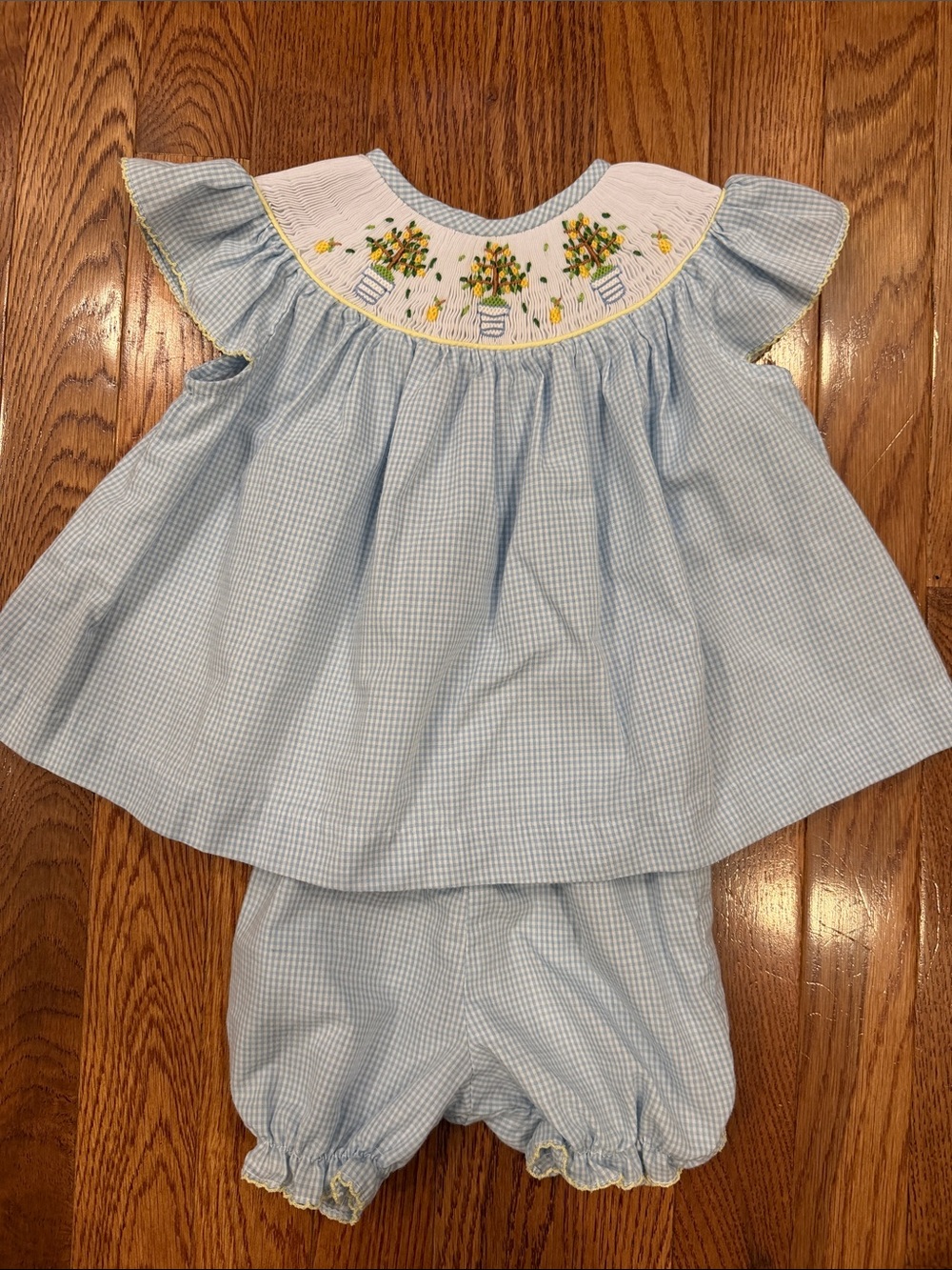 Blue Gingham Smocked Two-Piece Baby Outfit with Yellow Floral Embroidery